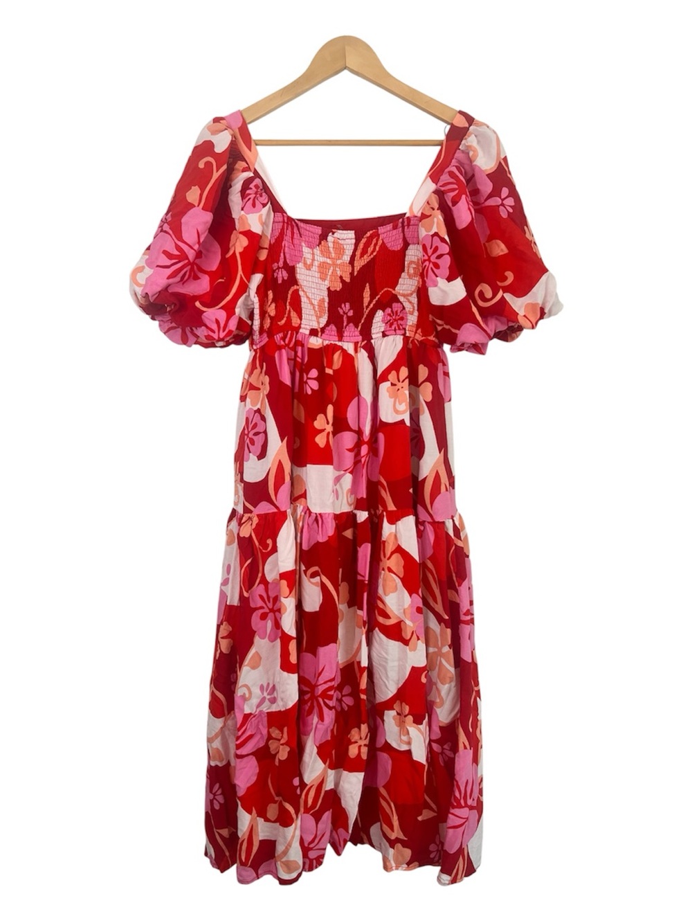 Entro Red Pink Floral Tropical Square Neck Puff Sleeve Tiered Midi Dress Size M